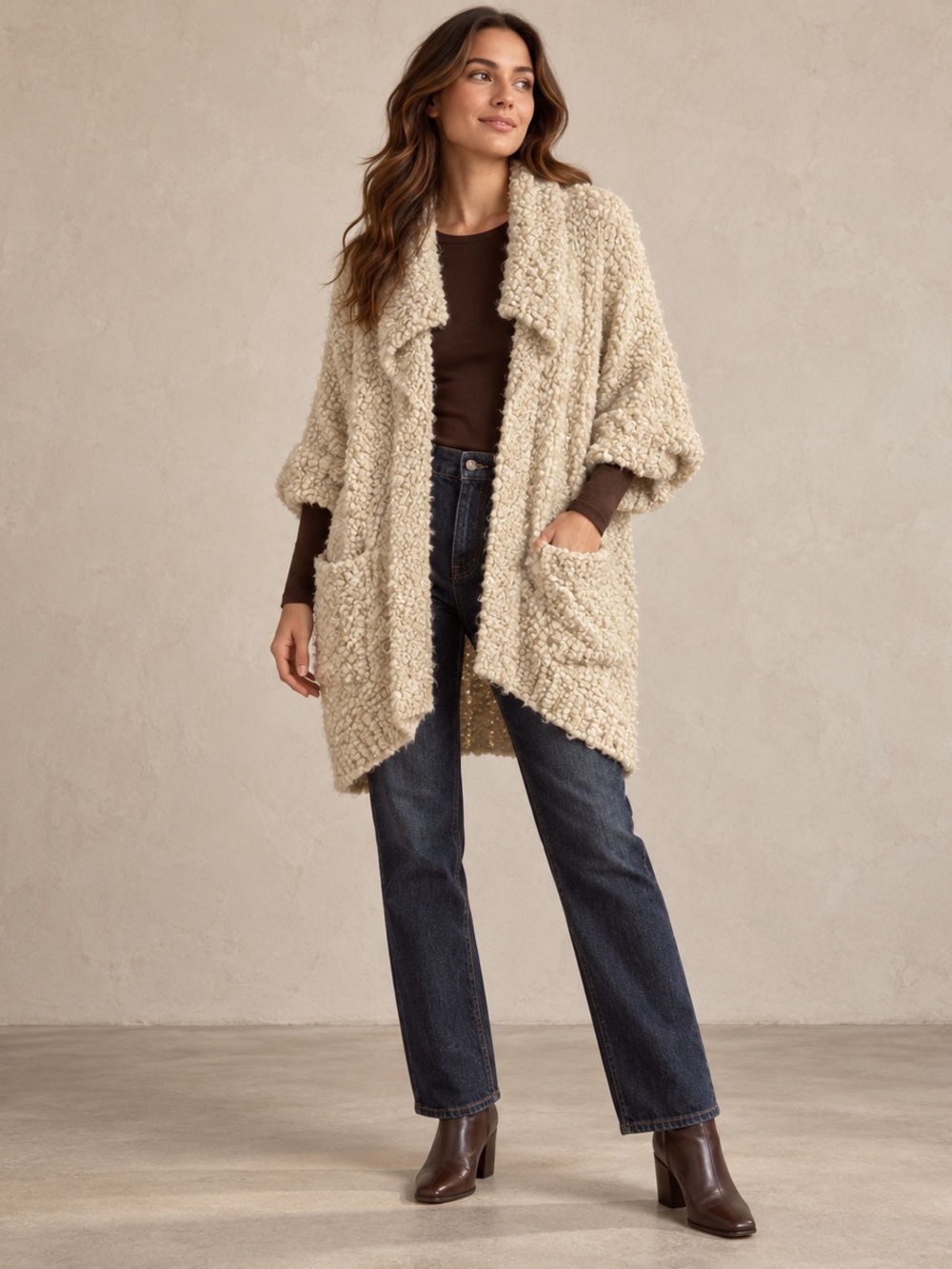 Kensie Cream Bouclé Cocoon Cardigan Sweater M